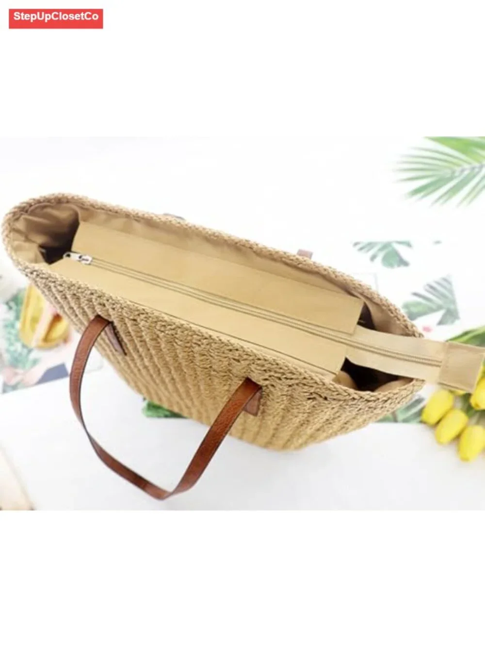 Straw Woven Hobo Bag Shoulder Tote with Zipper Closure